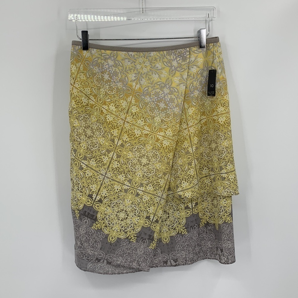 NIC+ZOE faux wrap tiered skirt yellow gray print taupe floral new 10